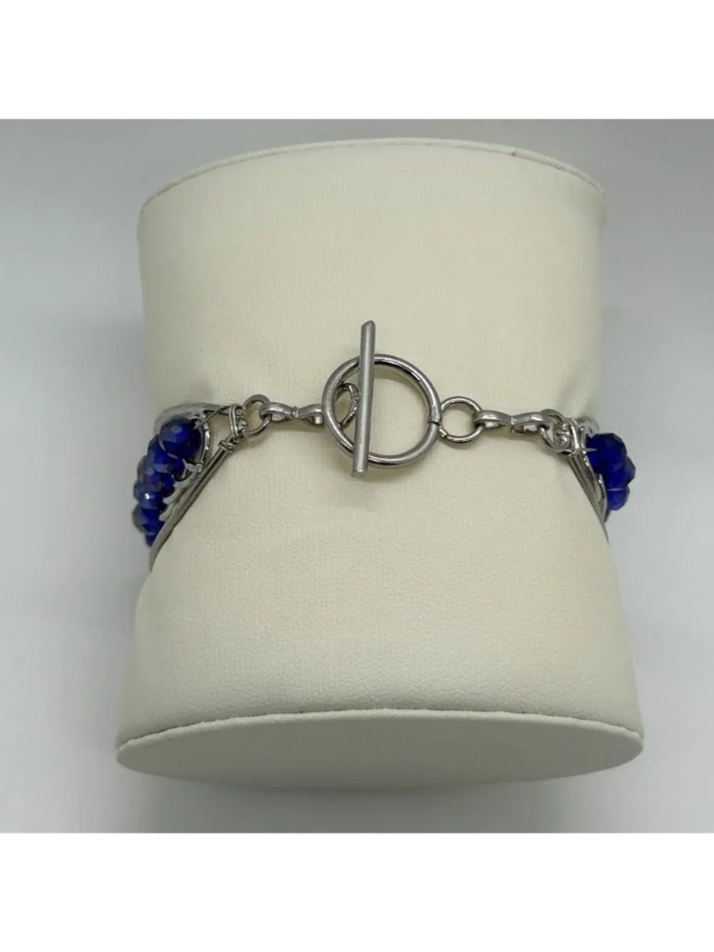 Handcrafted Silver-Tone Blue Rhinestone Crystal Floral Rosette Toggle Clasp Stat